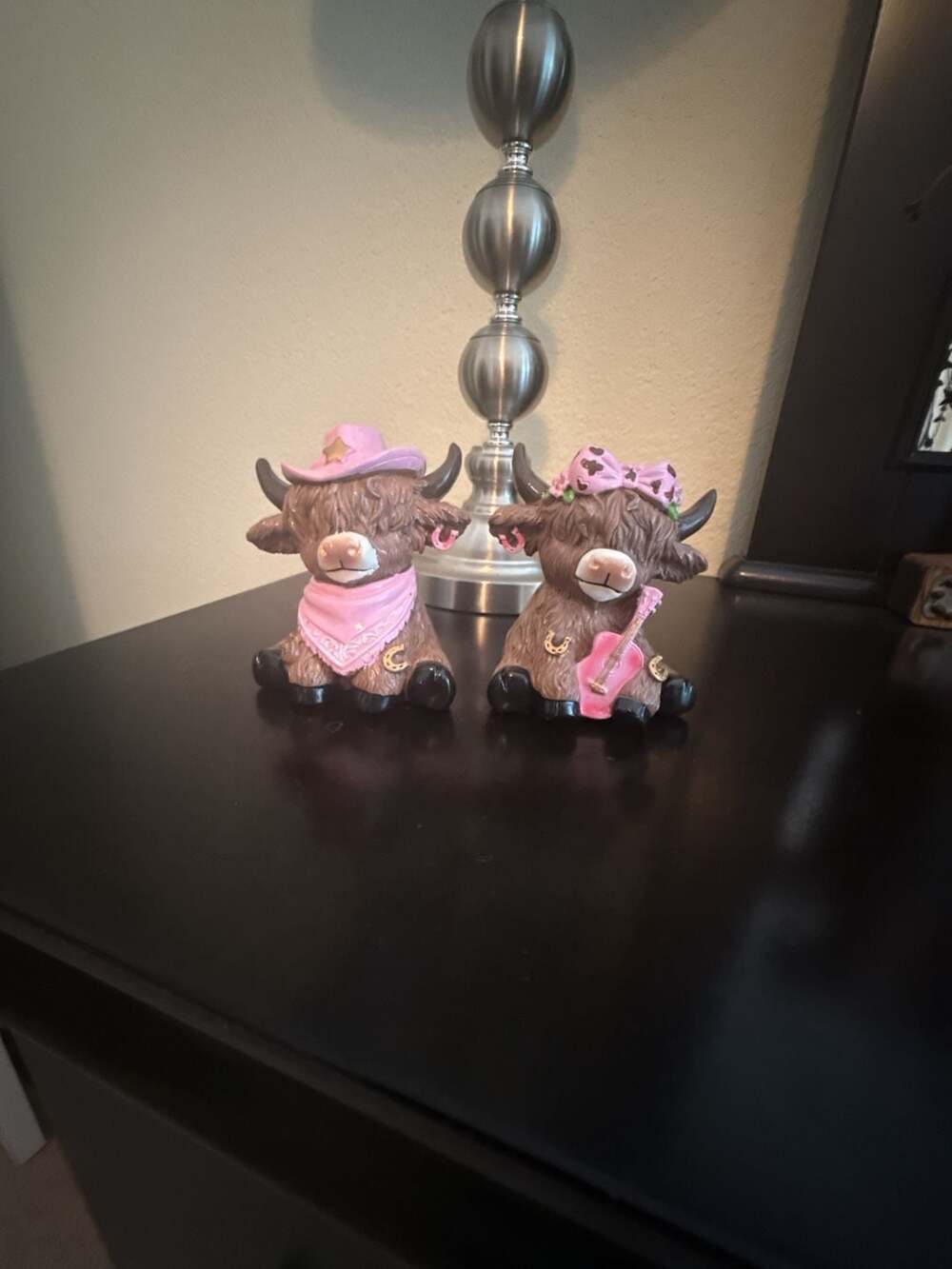 Set of 2 Western Highland Cow Resin Figurines with Cowboy Hat and Guitar